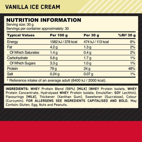 Optimum Nutrition، مصل اللبن Gold Standard 100%، آيس كريم الفانيليا، 2 رطل
