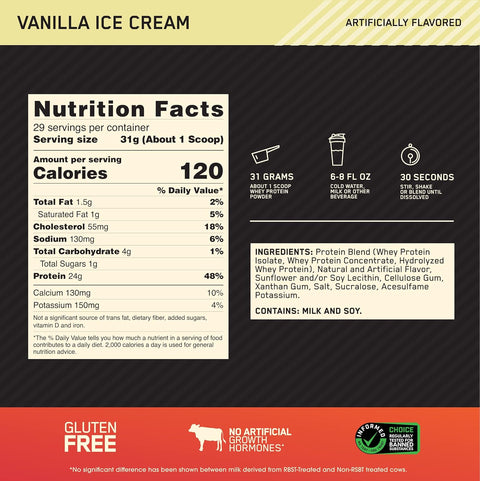 Optimum Nutrition، مصل اللبن Gold Standard 100%، آيس كريم الفانيليا، 2 رطل