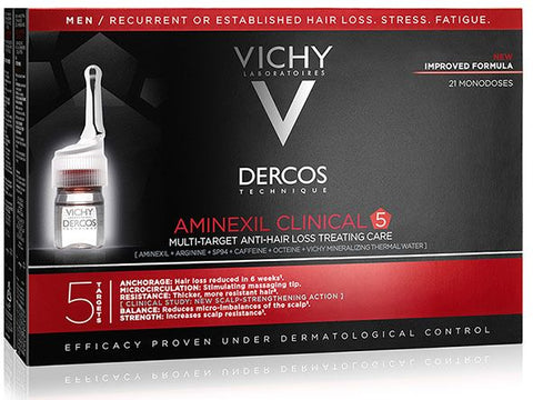 Vichy Dercos Aminexil Clinical 5 Anti-Hair Fall Treatment for Men, 6 ML Ampoules (Pack of 21)