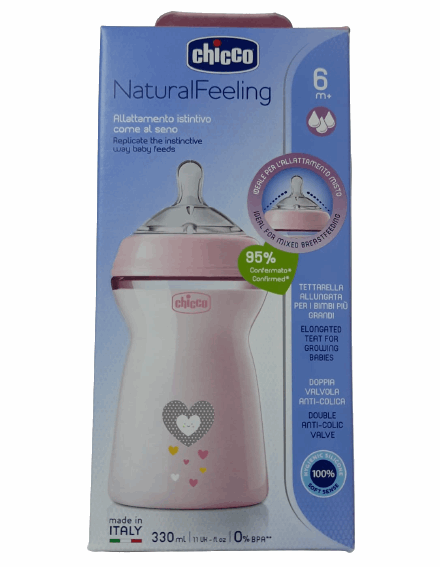 Chicco Natural Feeling Feeding Bottile Pink (2M+),330 ML
