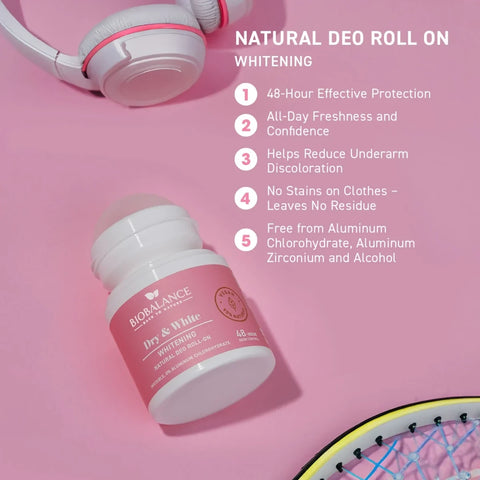 Bio Balance Dry & White Whitening Deo Roll-On 50ml – Long-Lasting Protection with Underarm Brightening Care