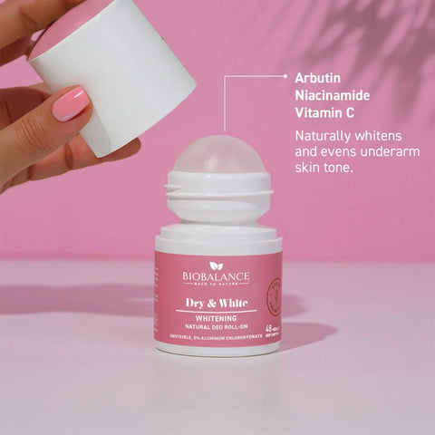 Bio Balance Dry & White Whitening Deo Roll-On 50ml – Long-Lasting Protection with Underarm Brightening Care