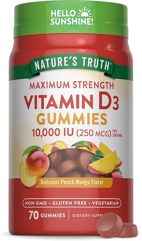 Nature's Truth Vitamin D3 Gummies for Adults | 10000 IU 70 Gummies Peach Mango Flavor